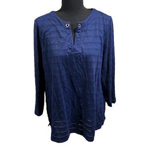 Jones New York Womens Blouse Split Neck Long Sleeve Eyelet Navy Blue XXL